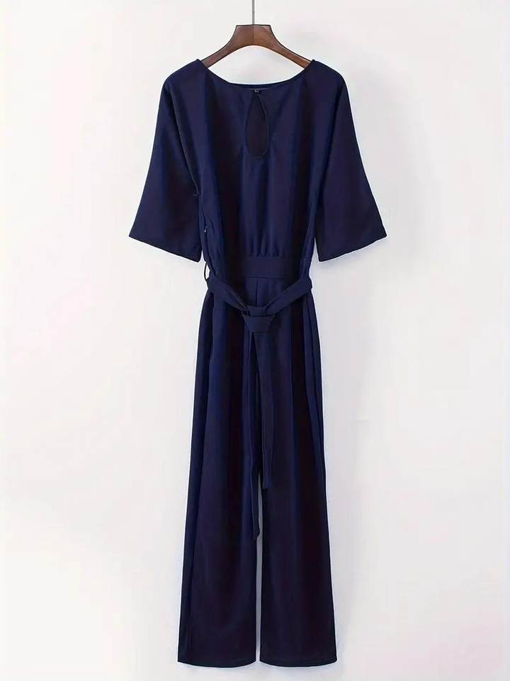 Drune | Jumpsuit Weite Beinform Taillengürtel Dreiviertelärmel Elegante Passform