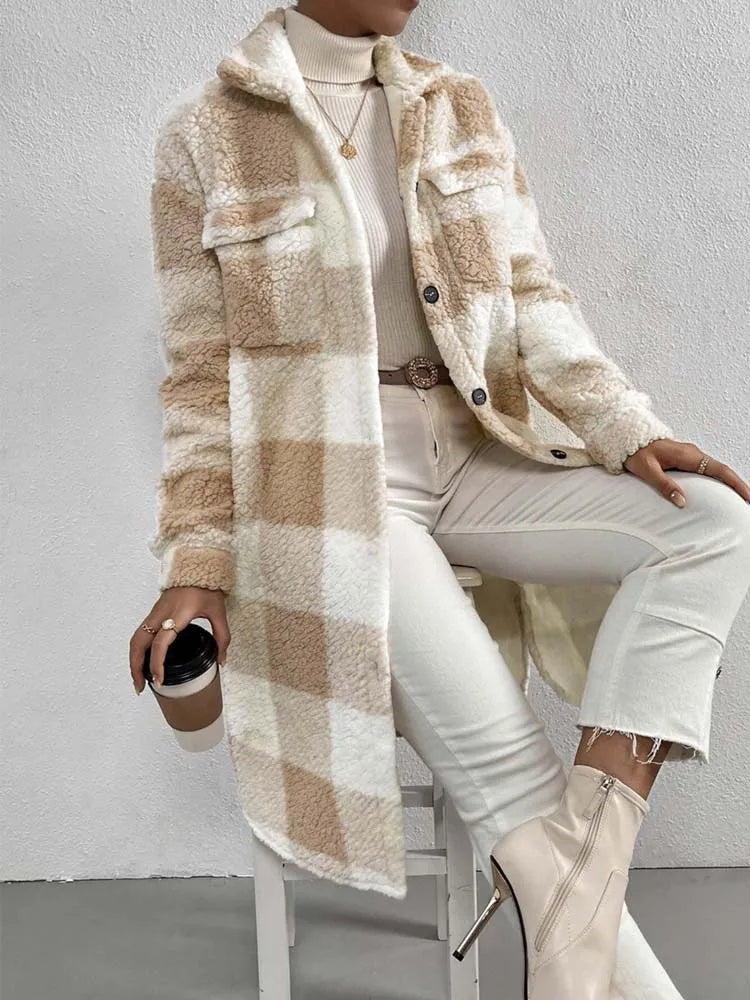Drune | Langer Karierter Teddy Fleece Wintermantel für Frauen - Weich & Schick