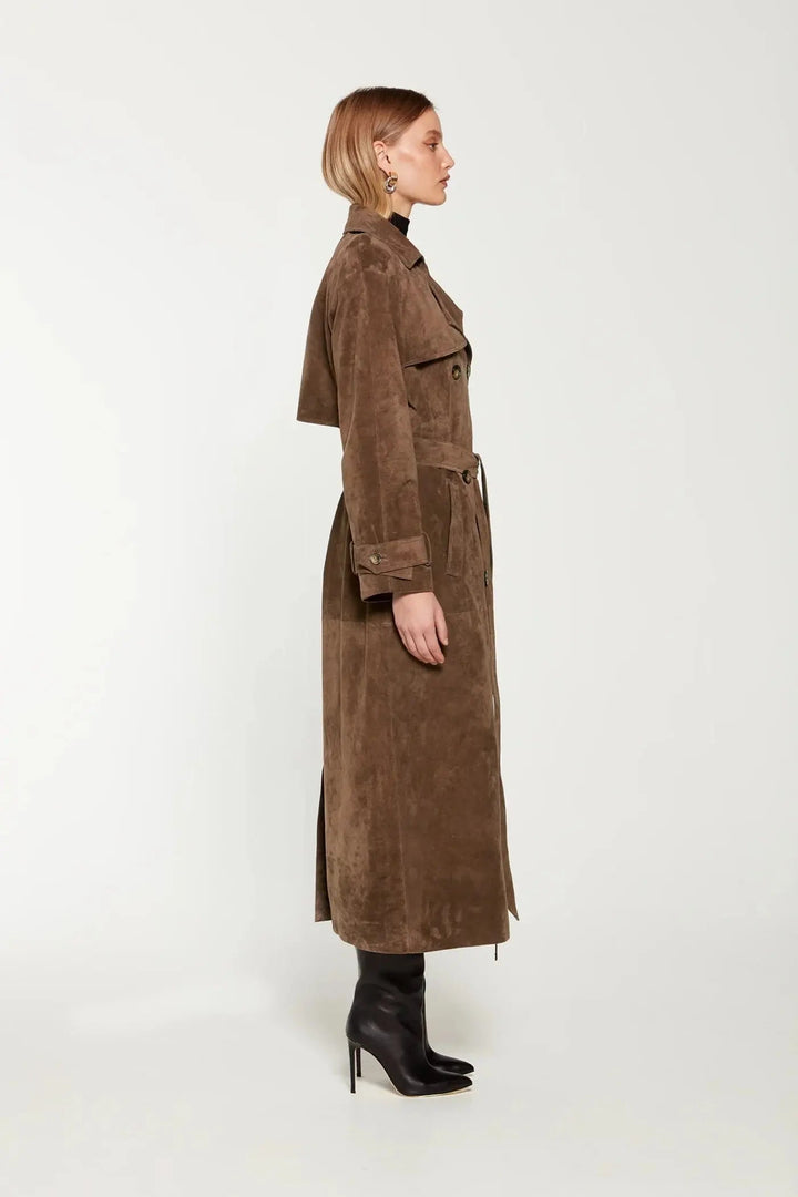 Drune | Damen Wildleder Trenchcoat mit Taillengürtel und Doppelter Knopfleiste