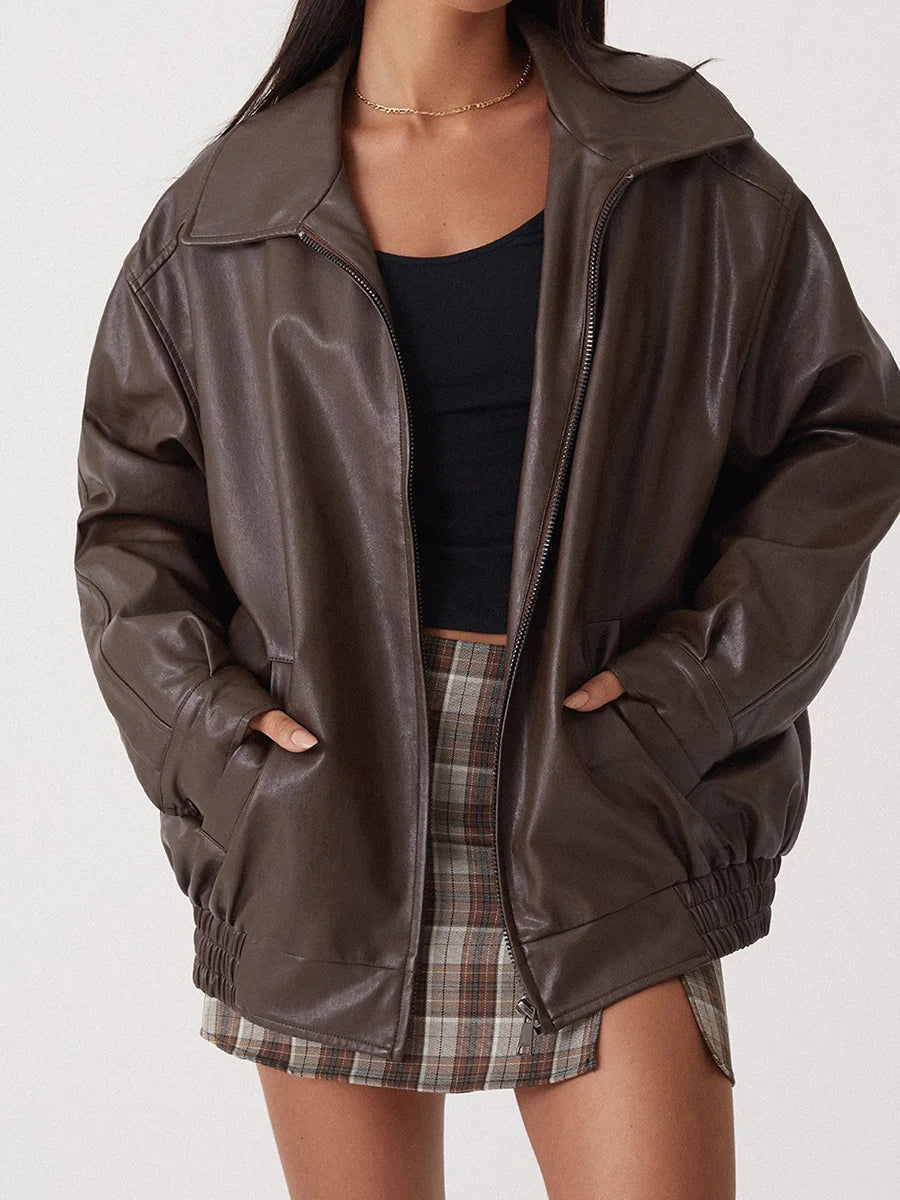 Drune | Stilvolle Oversized Leder Bomberjacke für Frauen - Mühelose Mode