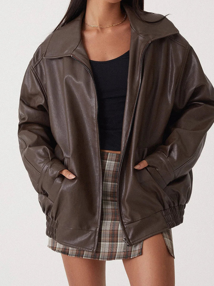 Drune | Stilvolle Oversized Leder Bomberjacke für Frauen - Mühelose Mode
