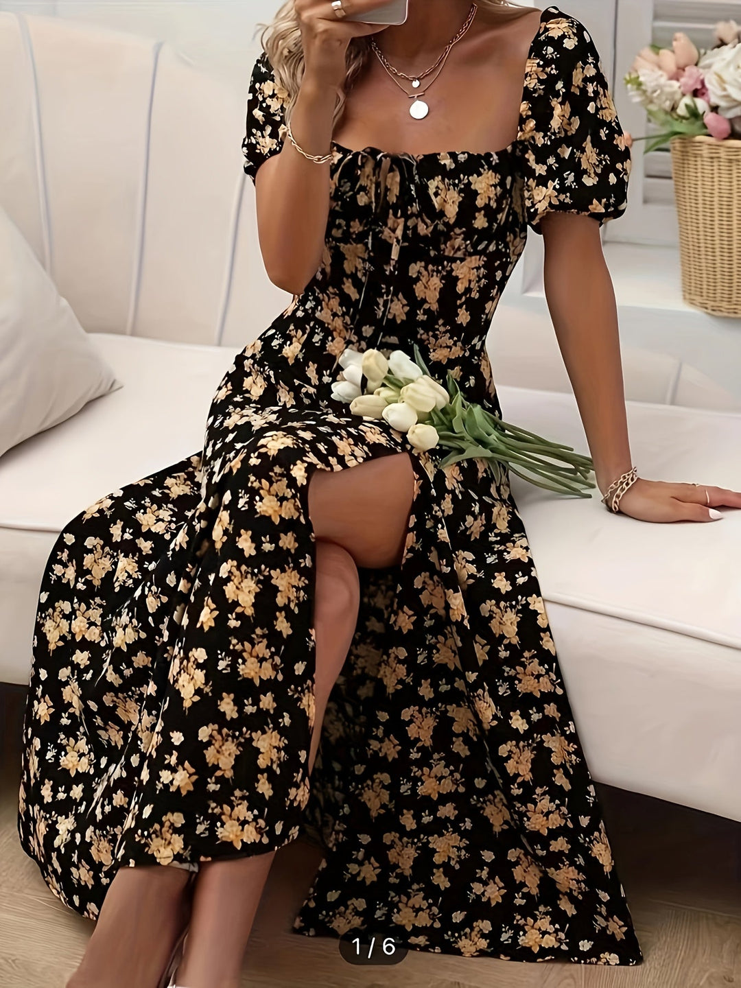 Drune | Elegantes Blumenkleid Mit Schlitz Und Puffärmeln Perfekt Für Frühling & Sommer