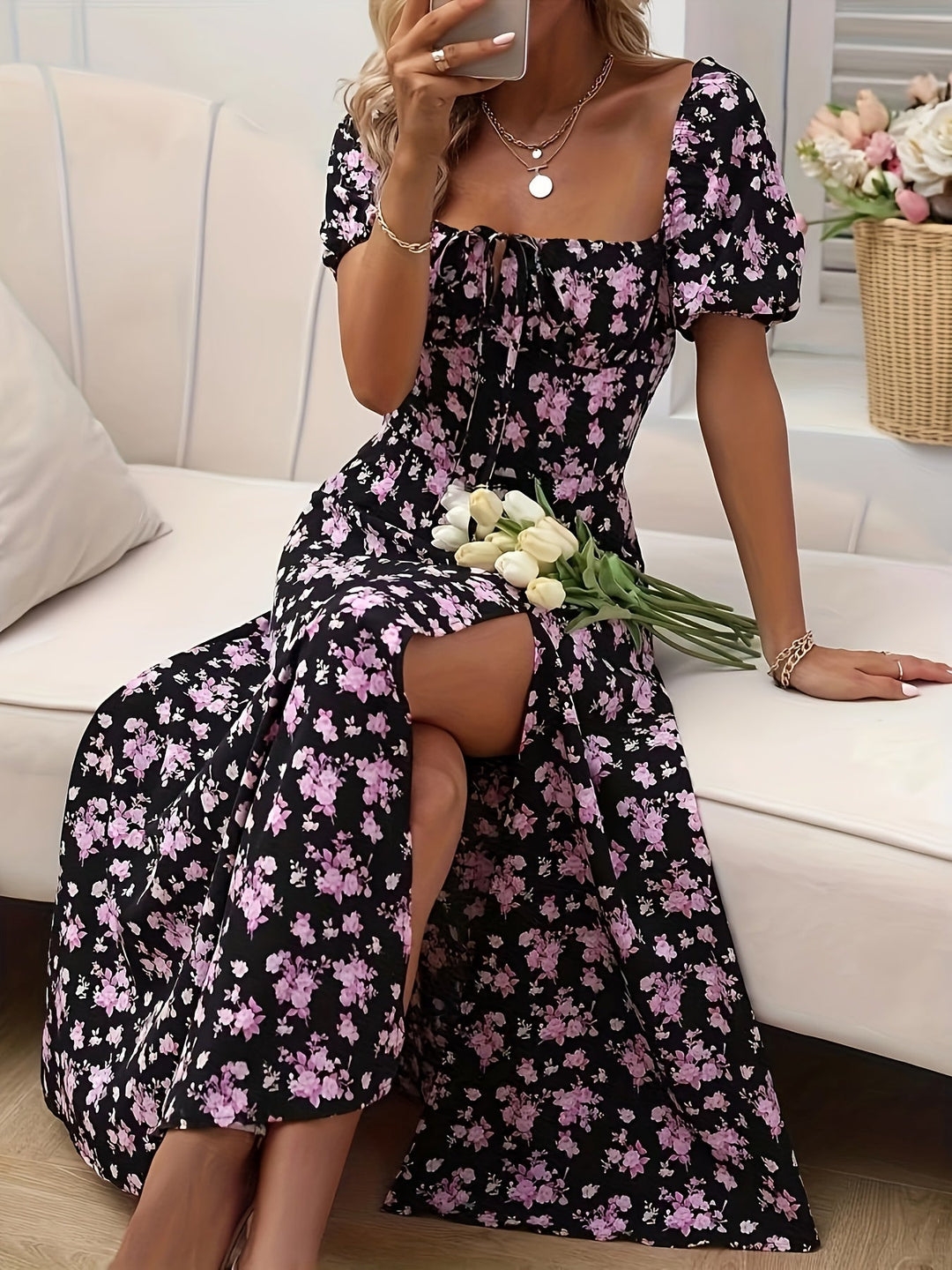 Drune | Elegantes Blumenkleid Mit Schlitz Und Puffärmeln Perfekt Für Frühling & Sommer