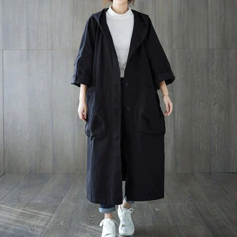Drune | Trenchcoat - Langer Oversized-Schnitt - Große Seitentaschen - Kapuze und Knopfverschluss