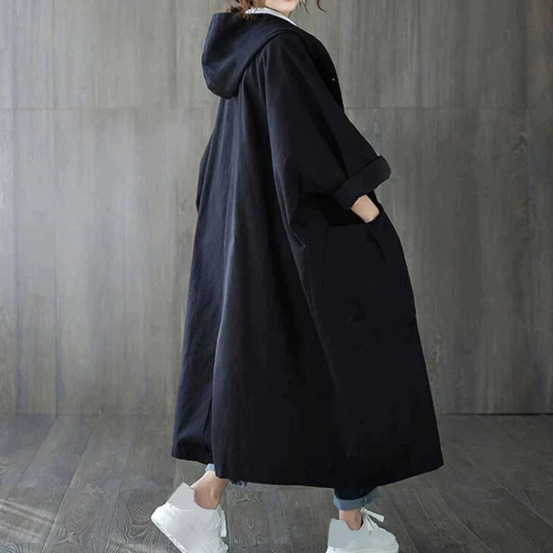 Drune | Trenchcoat - Langer Oversized-Schnitt - Große Seitentaschen - Kapuze und Knopfverschluss