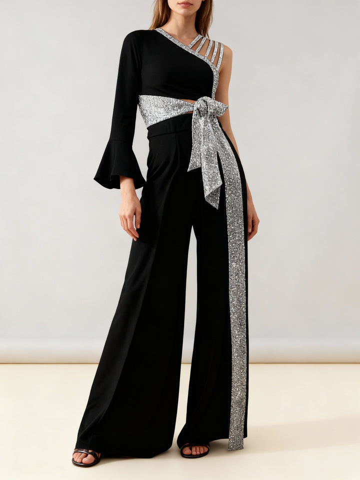 Damen Hosenanzug Glitzer-Besatz Zweiteiler One-Shoulder Weites Bein