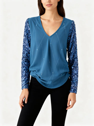 Damen Bluse V-Ausschnitt Paillettenärmel Rautenmuster