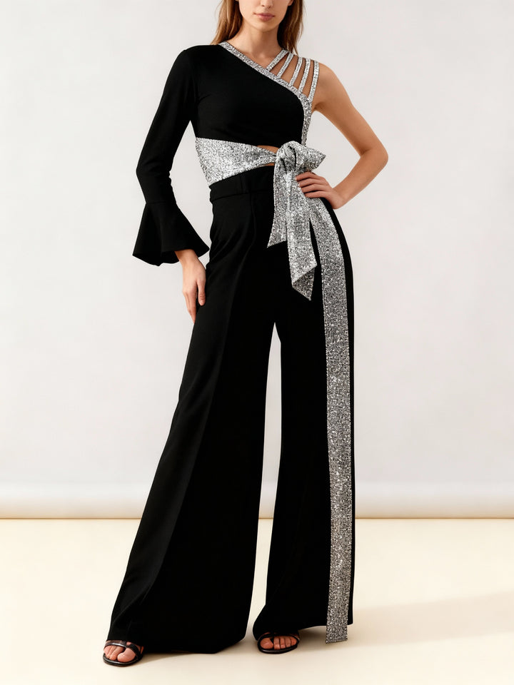 Damen Hosenanzug Glitzer-Besatz Zweiteiler One-Shoulder Weites Bein