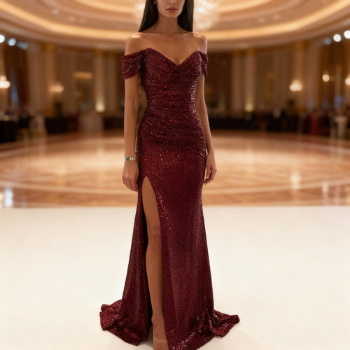 Drune | Off Shoulder Abendkleid mit Pailletten, Schlitz und Figurbetontem Schnitt für Damen