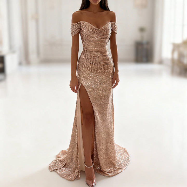 Drune | Off Shoulder Abendkleid mit Pailletten, Schlitz und Figurbetontem Schnitt für Damen