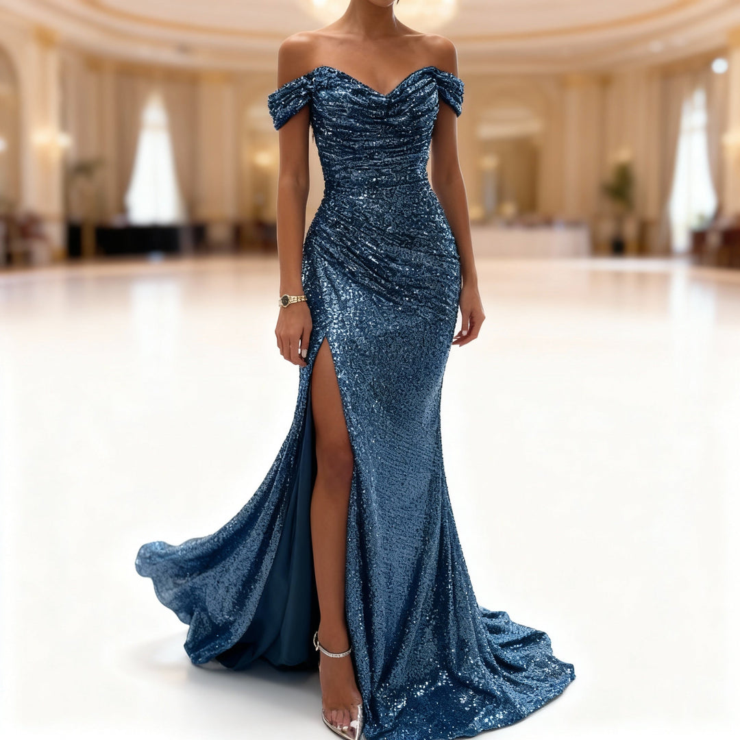 Drune | Off Shoulder Abendkleid mit Pailletten, Schlitz und Figurbetontem Schnitt für Damen