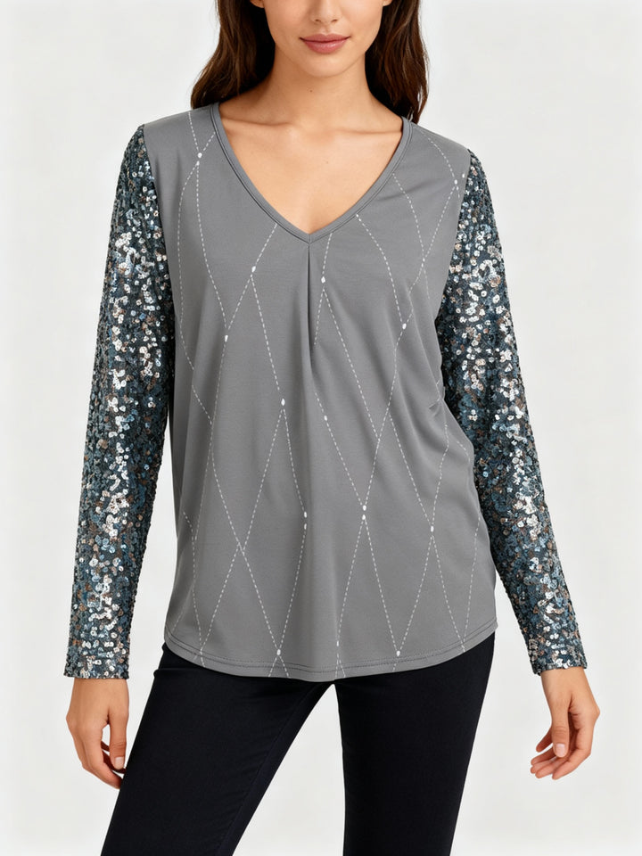 Damen Bluse V-Ausschnitt Paillettenärmel Rautenmuster
