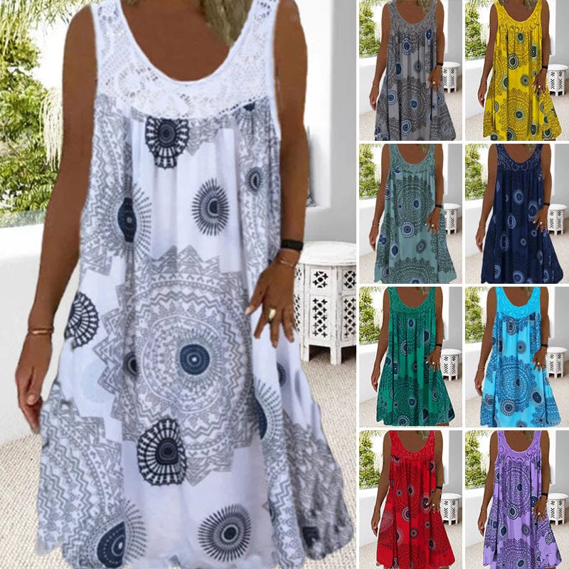 Drune | Damen Sommer O-Ausschnitt Ärmellosem Druck Kleid