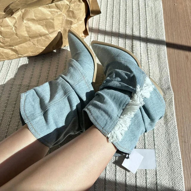 Drune | Blau Denim Oberschenkel hohe Stiefel