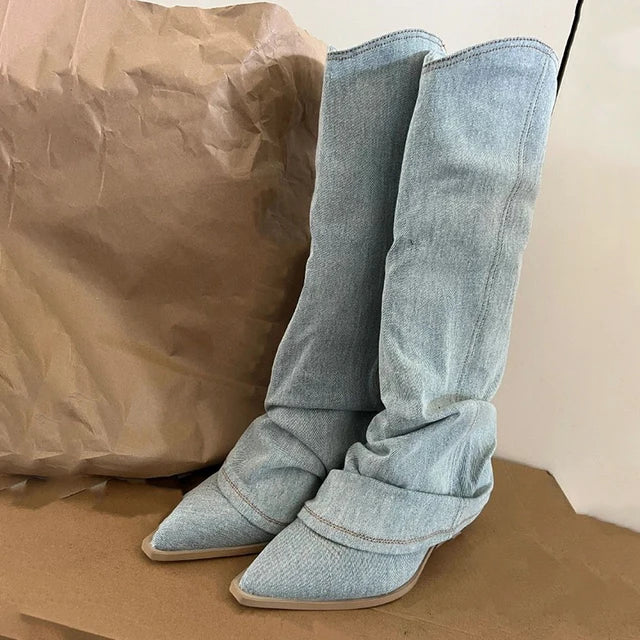 Drune | Blau Denim Oberschenkel hohe Stiefel