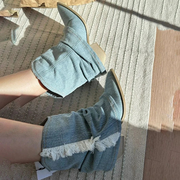 Drune | Blau Denim Oberschenkel hohe Stiefel
