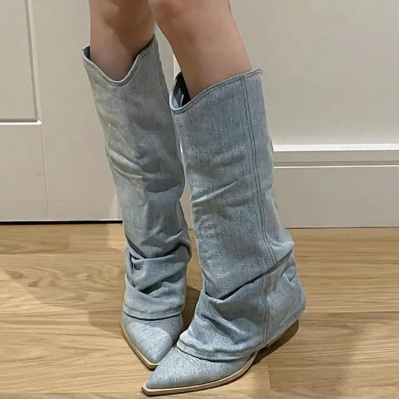 Drune | Blau Denim Oberschenkel hohe Stiefel