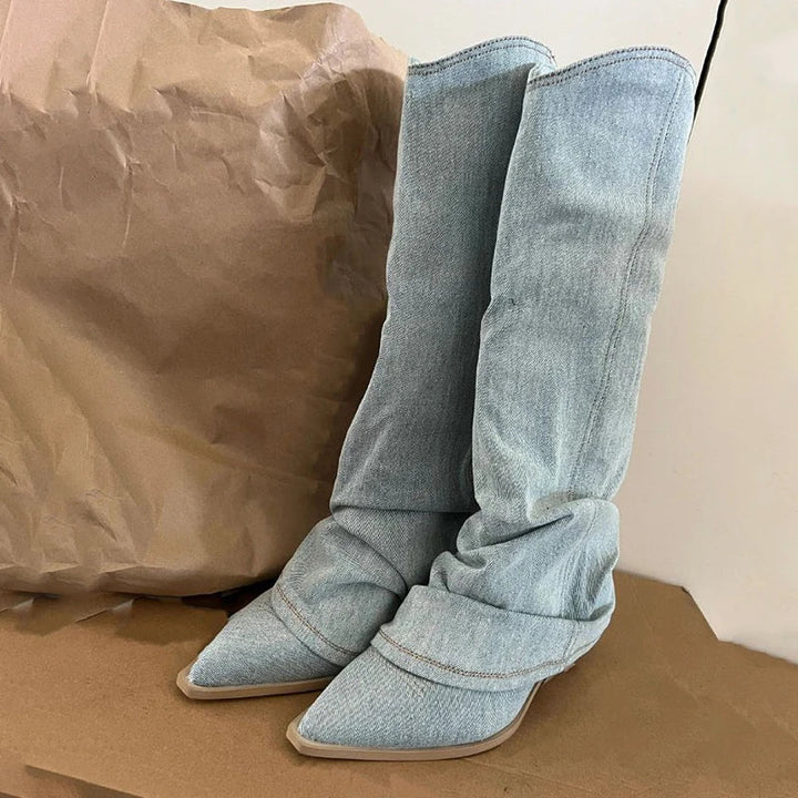 Drune | Blau Denim Oberschenkel hohe Stiefel