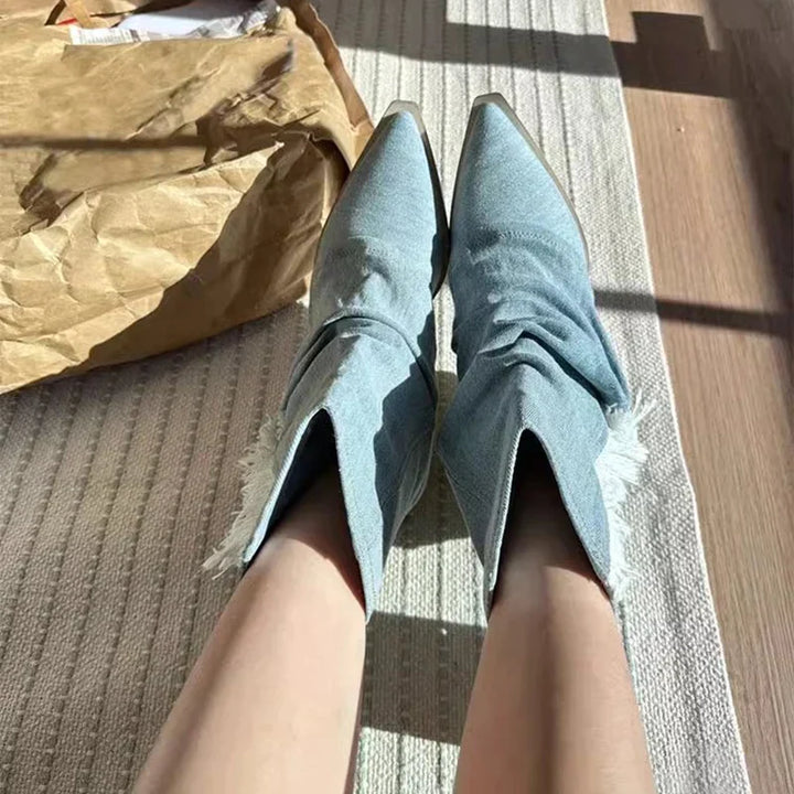 Drune | Blau Denim Oberschenkel hohe Stiefel