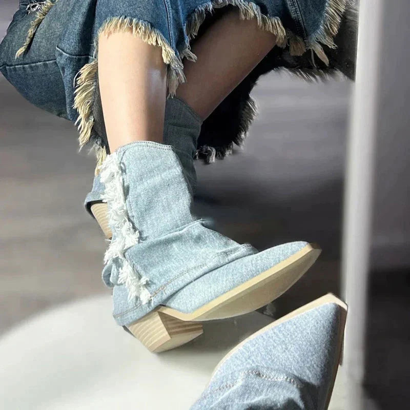 Drune | Blau Denim Oberschenkel hohe Stiefel
