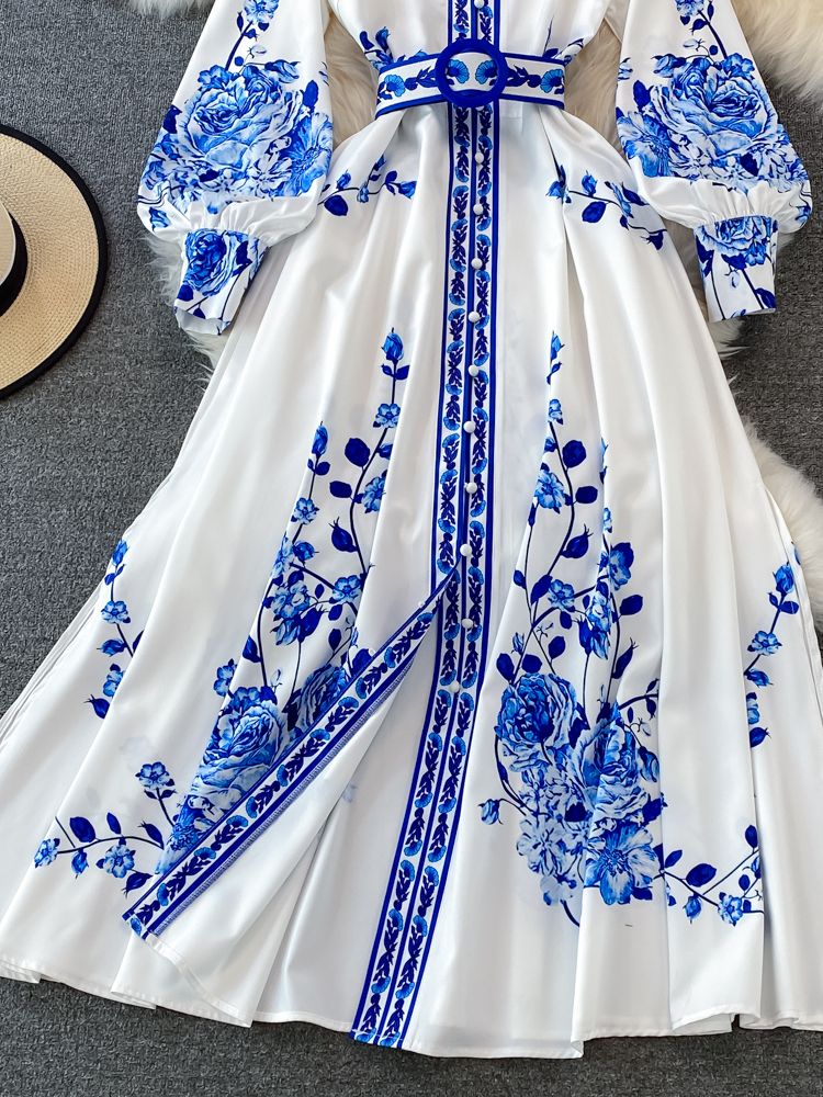 Vintage Blumendruck Langes Laternenärmel Kleid