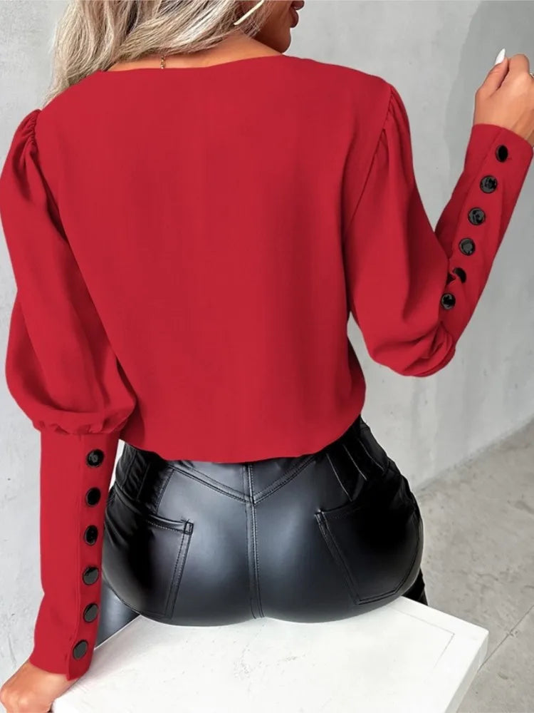 Drune Top | Elegante trendige Bluse mit V-Ausschnitt und langen Ärmeln