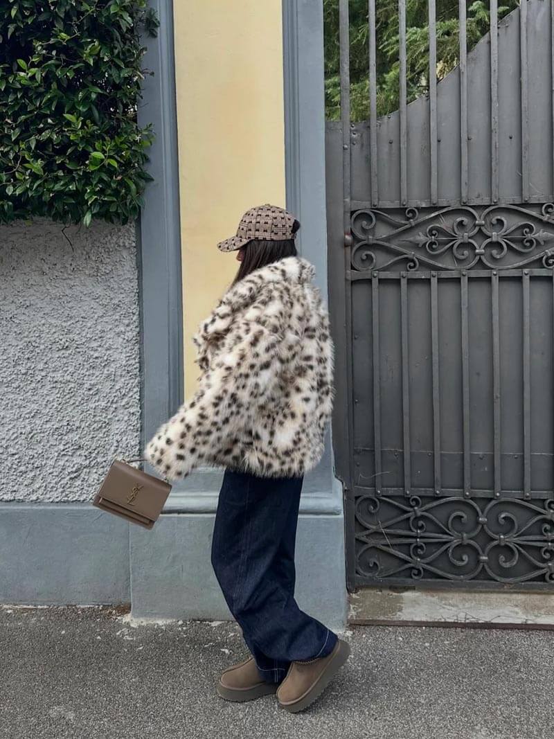 Drune | Jacke Leopard Kurz Fluffy Jacke Frauen Winterjacke