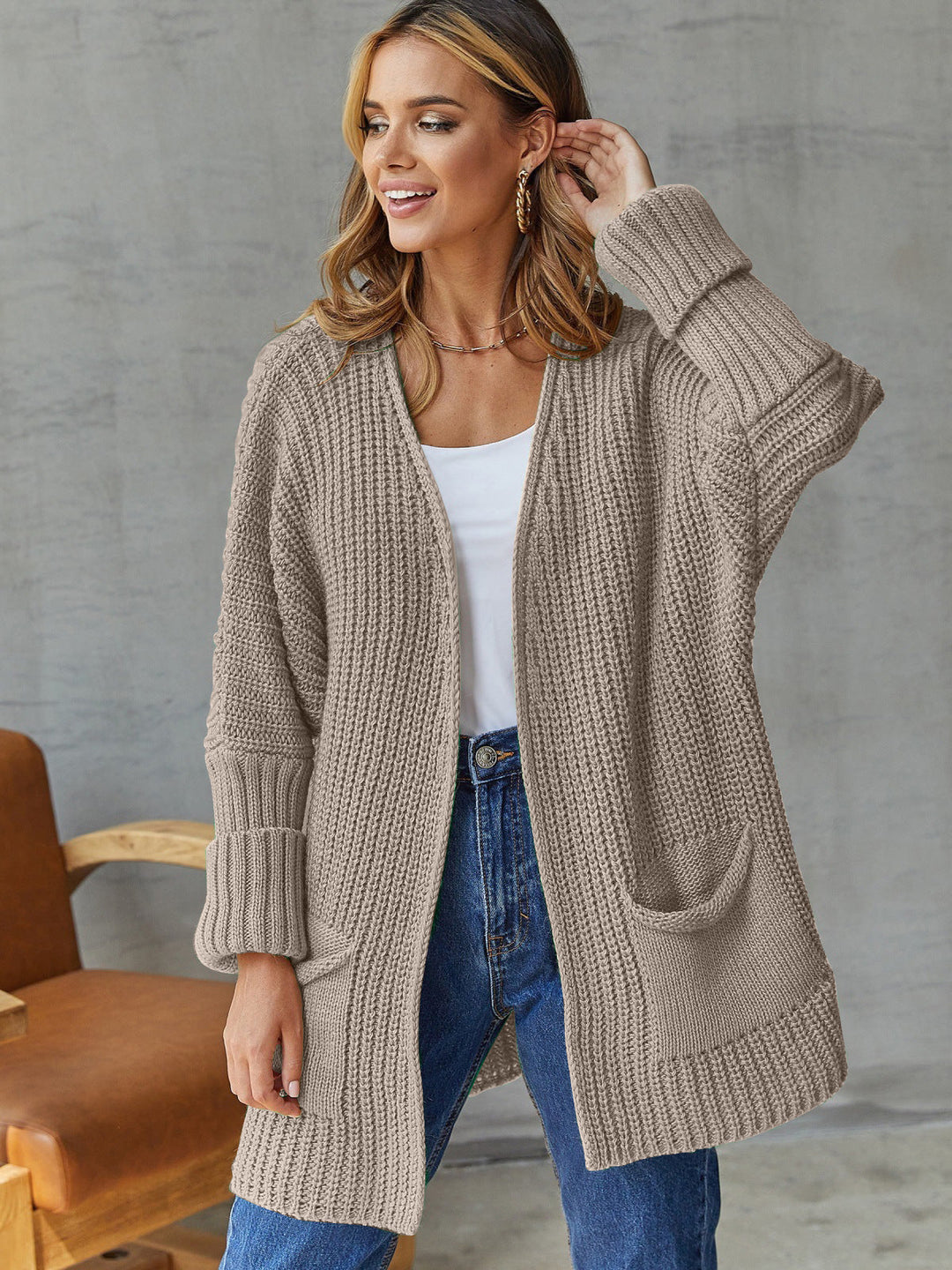 Drune | Damen Offene Strickjacke mit Taschen Details und Langen Ärmeln