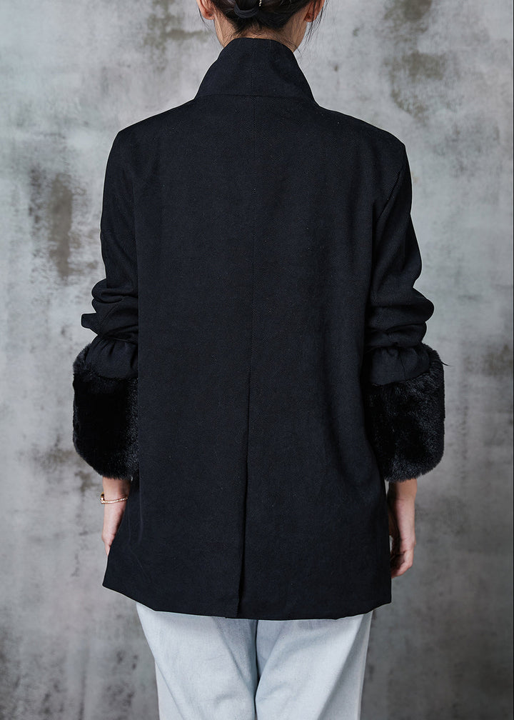 Drune | Schwarze Stehkragen-Patchwork-Chinesische Knopf-Baumwollmäntel Winter