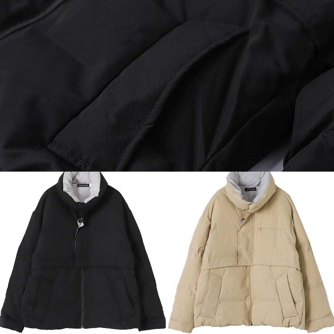 Drune | schwarze Winteroberbekleidung Locker sitzende Jacken Stehkragen Patchwork Oberbekleidung