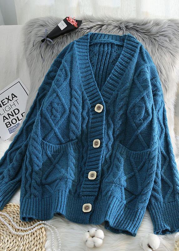 Drune | V-Ausschnitt Strickoutdoorkleidung Locker sitzende blaue Strickmäntel mit zwei Taschen