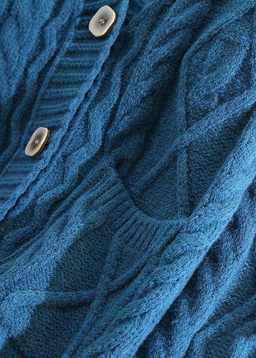Drune | V-Ausschnitt Strickoutdoorkleidung Locker sitzende blaue Strickmäntel mit zwei Taschen