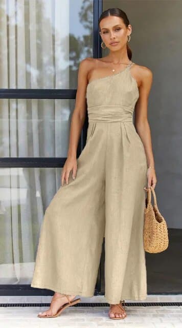 Drune | Jumpsuit Eine Schulter Asymmetrisch Flowy Passform Elegante Weite Beine
