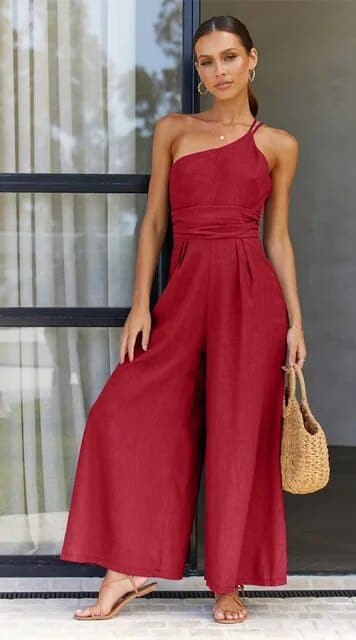 Drune | Jumpsuit Eine Schulter Asymmetrisch Flowy Passform Elegante Weite Beine