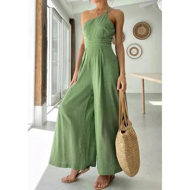 Drune | Jumpsuit Eine Schulter Asymmetrisch Flowy Passform Elegante Weite Beine