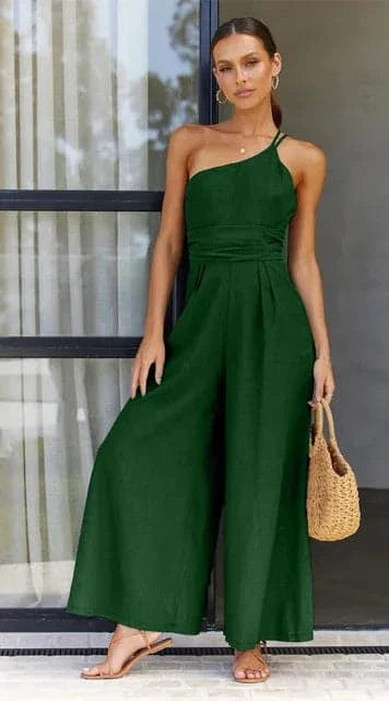 Drune | Jumpsuit Eine Schulter Asymmetrisch Flowy Passform Elegante Weite Beine