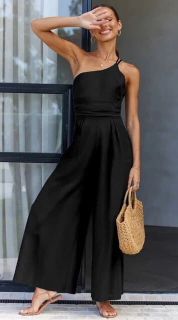 Drune | Jumpsuit Eine Schulter Asymmetrisch Flowy Passform Elegante Weite Beine