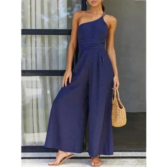 Drune | Jumpsuit Eine Schulter Asymmetrisch Flowy Passform Elegante Weite Beine