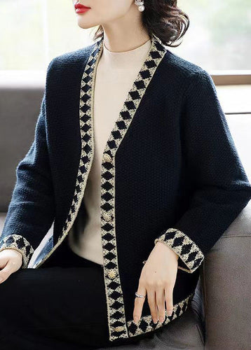 Drune | Schwarze V-Ausschnitt Knopf Patchwork Strickmäntel