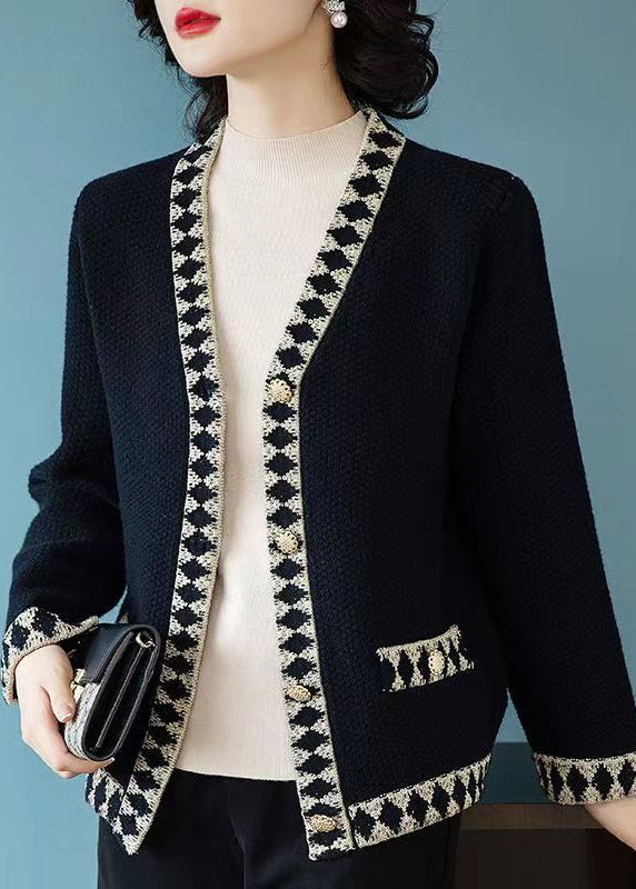 Drune | Schwarze V-Ausschnitt Knopf Patchwork Strickmäntel