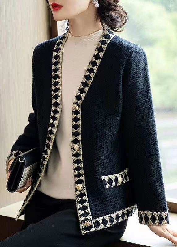 Drune | Schwarze V-Ausschnitt Knopf Patchwork Strickmäntel