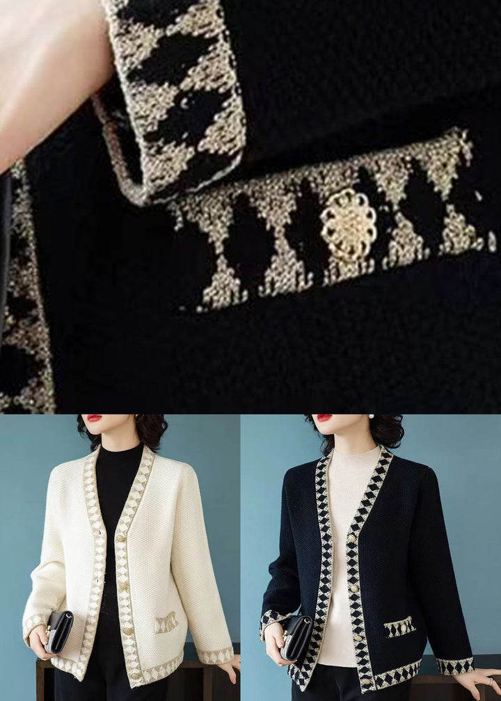 Drune | Schwarze V-Ausschnitt Knopf Patchwork Strickmäntel