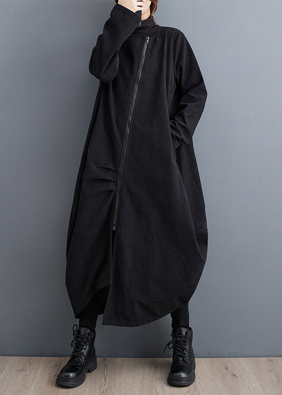 Drune | Schwarze Zip-Up Taschen Patchwork Baumwoll Lange Mäntel