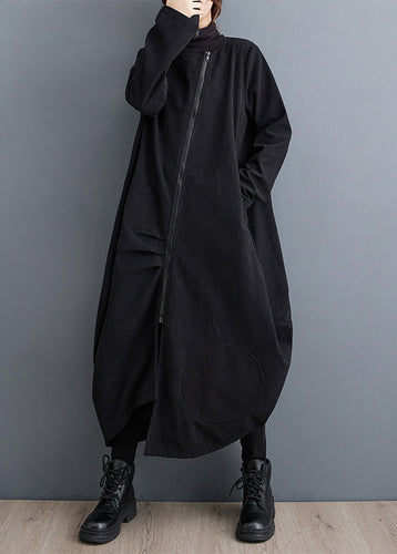 Drune | Schwarze Zip-Up Taschen Patchwork Baumwoll Lange Mäntel