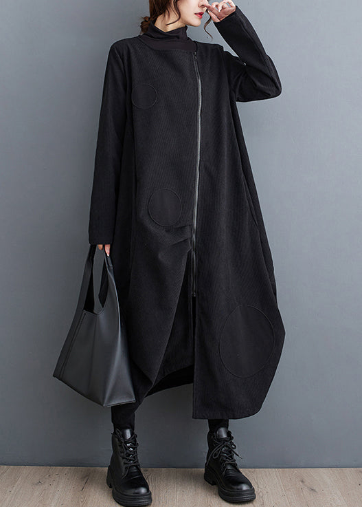 Drune | Schwarze Zip-Up Taschen Patchwork Baumwoll Lange Mäntel