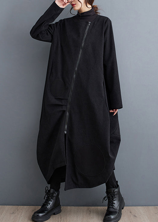Drune | Schwarze Zip-Up Taschen Patchwork Baumwoll Lange Mäntel