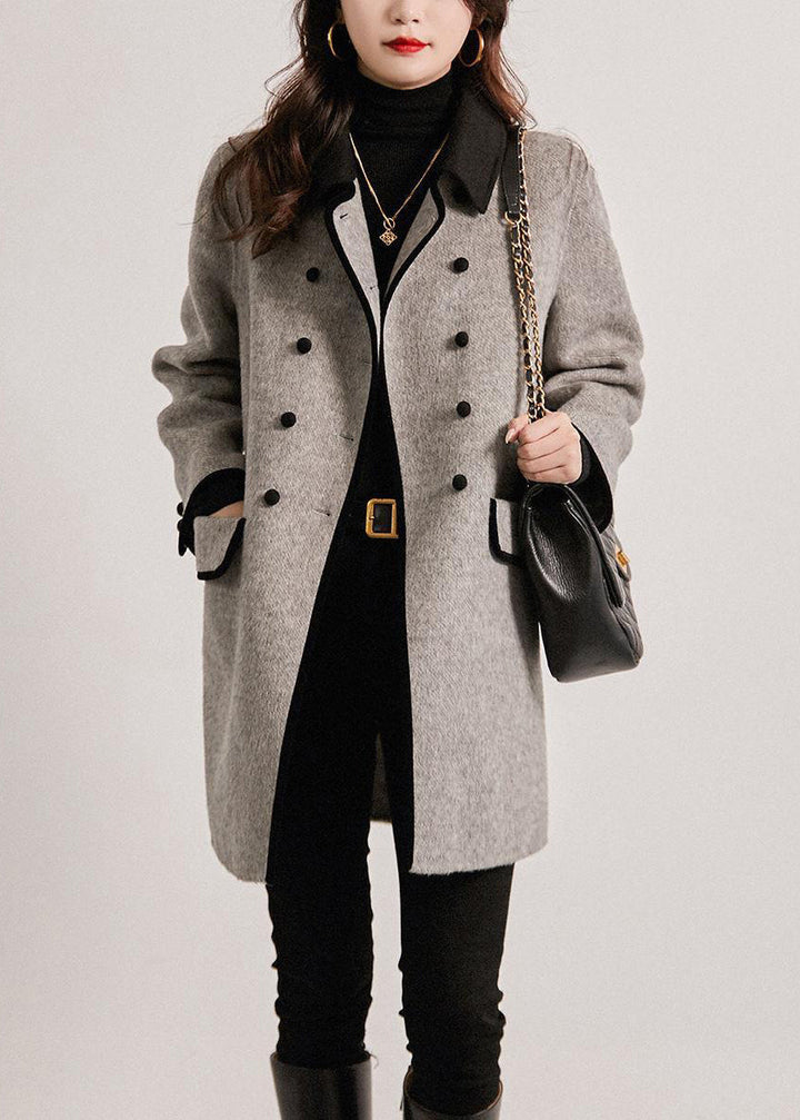 Monique™ - Französischer Grauer Doppelbrust-Patchwork-Trench aus Wolle Herbst