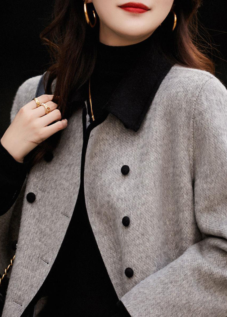 Monique™ - Französischer Grauer Doppelbrust-Patchwork-Trench aus Wolle Herbst