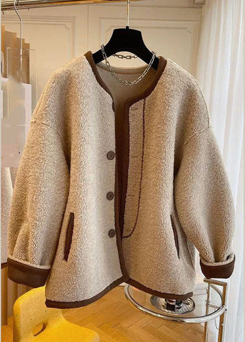Drune | Khaki O-Hals Patchwork Knopf Kunstpelz Mäntel Winter