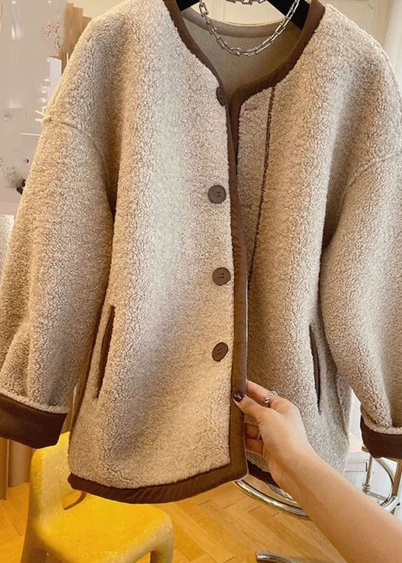 Drune | Khaki O-Hals Patchwork Knopf Kunstpelz Mäntel Winter